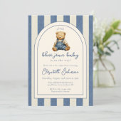 Blue Jean Teddy Bear Photo QR Code Baby Shower Kaart (Staand voorkant)