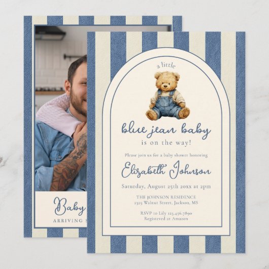 Blue Jean Teddy Bear Photo QR Code Baby Shower Kaart (Voorkant / Achterkant)