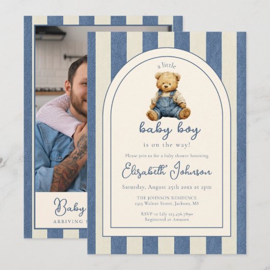 Blue Jean Teddy Bear Photo QR Code Boy Baby Shower Kaart (Voorkant / Achterkant)