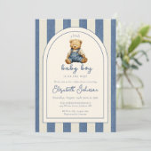 Blue Jean Teddy Bear QR Code Boy Baby Shower Kaart (Staand voorkant)