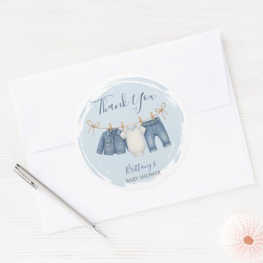 Blue Jeans Baby shower Bedankt Ronde Sticker (Envelop)