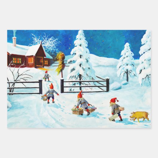 Blue Jenny Nyström Gnome  Zweeds Kerstfeest Inpakpapier Vel (Voorkant 3)