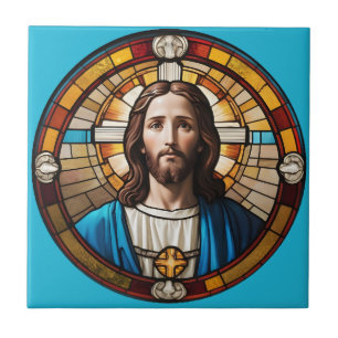 Blue Jesus Christ Circular Faux Glas in lood Tegeltje