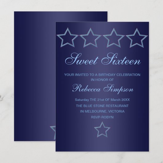 Blue Jewel Star Sweet 16 Birthday Invite Kaart (Voorkant / Achterkant)