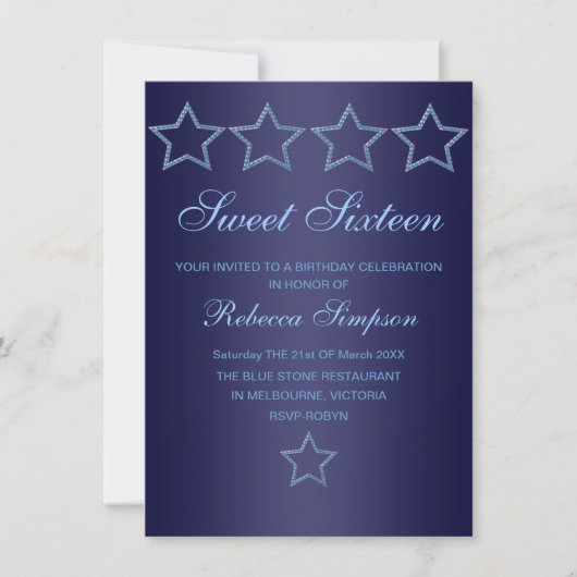 Blue Jewel Star Sweet 16 Birthday Invite Kaart (Voorkant)