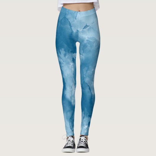Blue Jewel Tone Abstracte Waterverf Leggings (Voorkant)