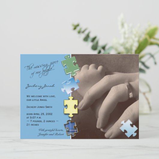 Blue Jigzaag Puzzle Foto Baby Aankondiging (Staand voorkant)