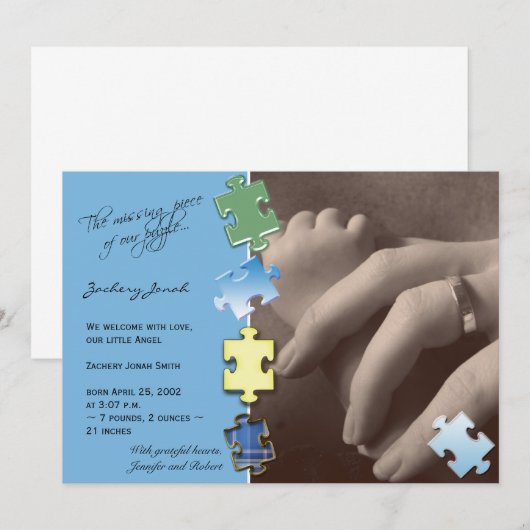 Blue Jigzaag Puzzle Foto Baby Aankondiging (Voorkant / Achterkant)