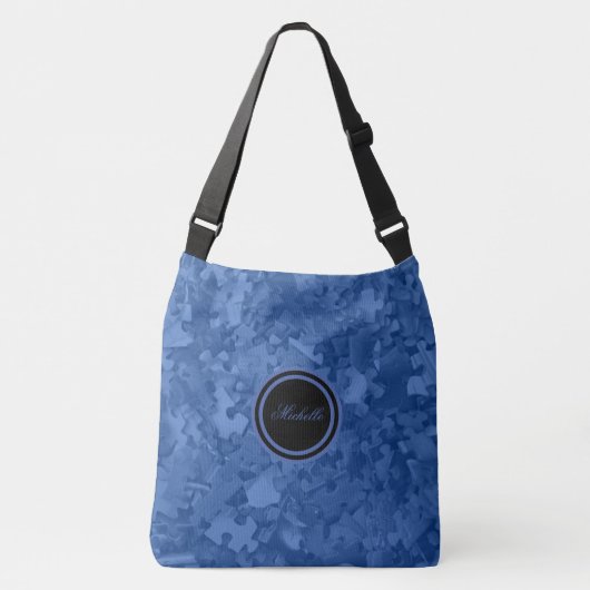 Blue Jigzaag Puzzle Pineersels Voeg naam of monogr Crossbody Tas (Voorkant)