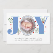 Blue Joy First kerstvakantie foto baby geboorte Aankondiging (Voorkant)