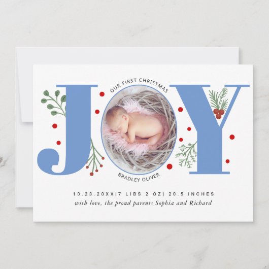 Blue Joy First kerstvakantie foto baby geboorte Aankondiging (Voorkant)