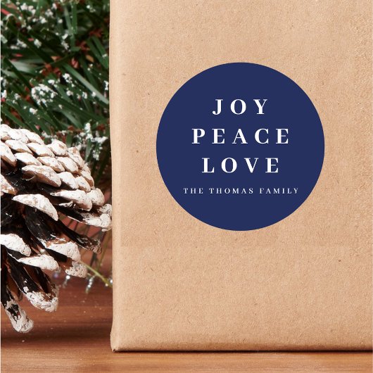 Blue Joy Peace Love Minimal Christmas familienaam Ronde Sticker