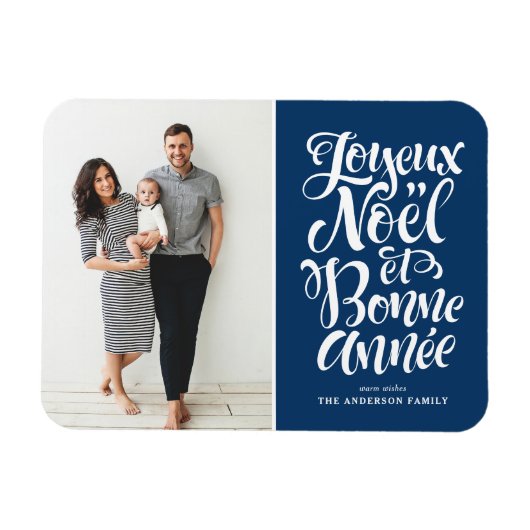 Blue Joyeux Noël et Bonne Année Kerstfoto Magneet (Horizontaal)