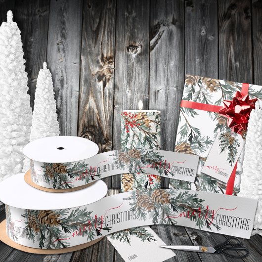 Blue Juniper Branch Boughs Cones Merry Kerstmis Satijnen Lint