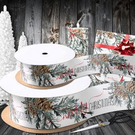 Blue Juniper Branch Boughs Cones Merry Kerstmis Satijnen Lint