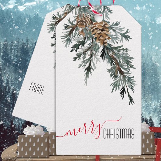 Blue Juniper Branch Cones Merry Kerstmis Cadeaulabel