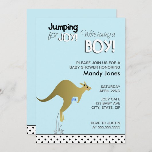Blue Kangaroo Jumping for Joy Boy baby shower Kaart (Voorkant / Achterkant)