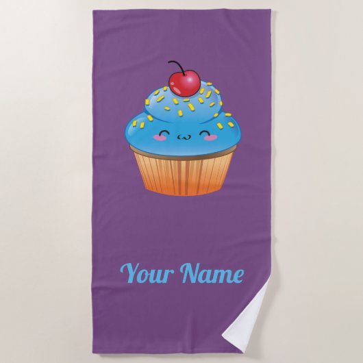 Blue Kawaii Cupcake Beach Towel Strandlaken (Voorkant)