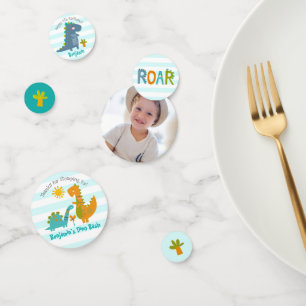 Blue Kawaii Dinosaur Boy Verjaardag Foto Naam Scha Confetti