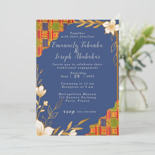 Blue Kente bruiloft uitnodiging, Afrocentrisch Uit Kaart (Staand voorkant)