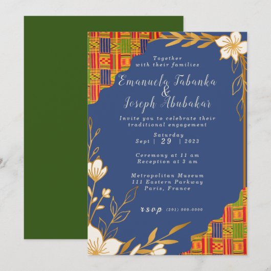 Blue Kente bruiloft uitnodiging, Afrocentrisch Uit Kaart (Voorkant / Achterkant)
