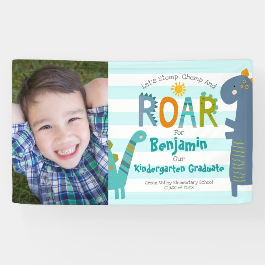Blue Kindergarten Afstuderen Foto Dinosaurus Boy Spandoek (Horizontaal)