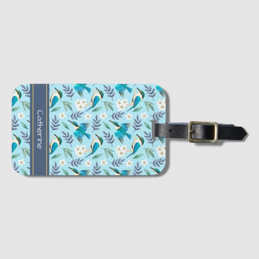 Blue Kingfisher Birds Floral Pattern  Name Bagagelabel (Voorkant (horizontaal))
