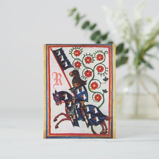 BLUE KNIGHT MEDIEVAL PARCHMENT MONOGRAM BRIEFKAART (Staand voorkant)