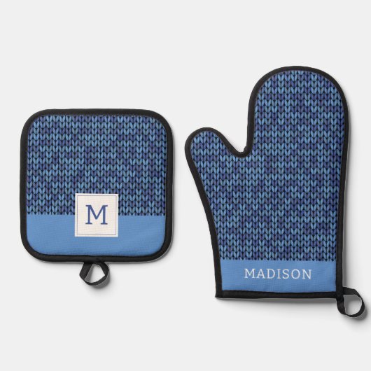 Blue Knit Pattern Ovenwant & Pannenlap Set (Voorkant)