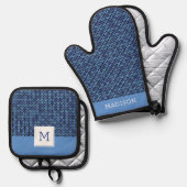 Blue Knit Pattern Ovenwant & Pannenlap Set (Voorkant / Achterkant)