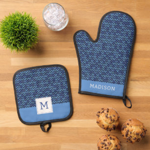 Blue Knit Pattern Ovenwant & Pannenlap Set