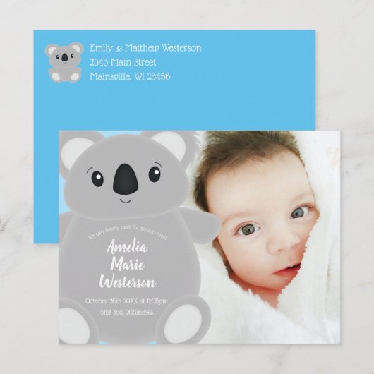 Blue Koala Beer Baby shower Briefkaart (Voorkant / Achterkant)