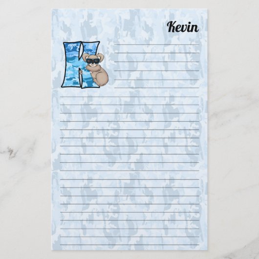 Blue Koala Mongram Letter K Lined Briefpapier (Voorkant)