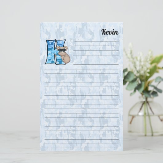 Blue Koala Mongram Letter K Lined Briefpapier (Staand voorkant)