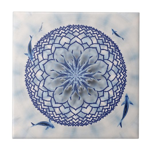 Blue Koi Lotus Mandala keramische tegel Tegeltje (Voorkant)