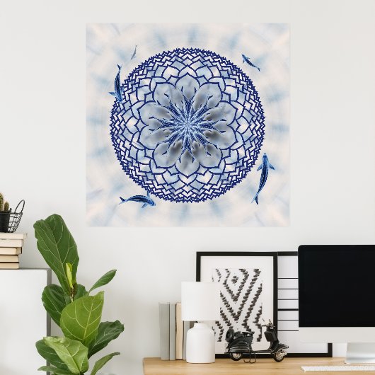 Blue Koi Lotus Mandala Poster (Thuiskantoor)