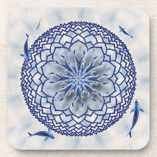 Blue Koi Lotus Mandala Square Cork Onderzetters (Voorkant)