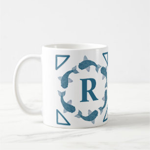 Blue Koi vis monogram initiaal Koffiemok
