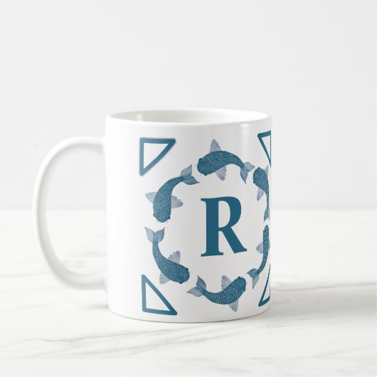 Blue Koi vis monogram initiaal Koffiemok (Links)