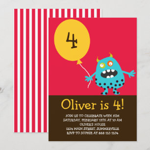 Blue Kooky Monster Kids Birthday Party Invitation Kaart