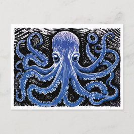 Blue Kraken Linocut in de oceaan Briefkaart