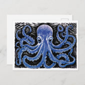 Blue Kraken Linocut in de oceaan Briefkaart (Voorkant / Achterkant)