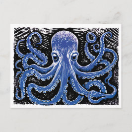 Blue Kraken Linocut in de oceaan Briefkaart