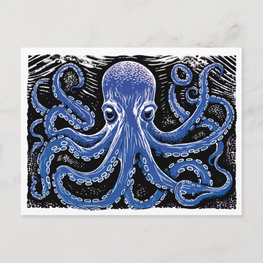 Blue Kraken Linocut in de oceaan Briefkaart (Voorkant)