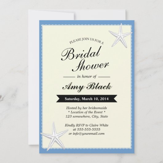 Blue Lace Border Starfish Bridal Shower Uitnodigin Kaart (Voorkant)