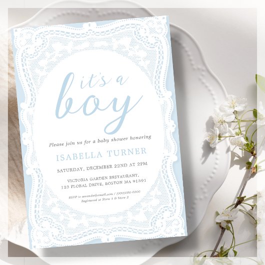 Blue Lace Boy Baby shower Kaart
