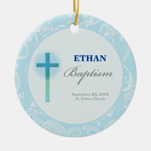 Blue Lace Boy Baptisme Keramisch Ornament (Voorkant)
