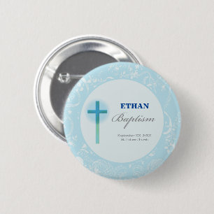 Blue Lace Boy Baptisme Ronde Button 5,7 Cm
