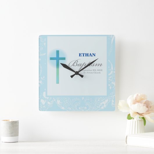 Blue Lace Boy Baptisme Vierkante Klok (Huis)