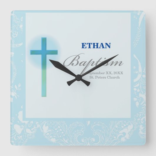 Blue Lace Boy Baptisme Vierkante Klok (Voorkant)